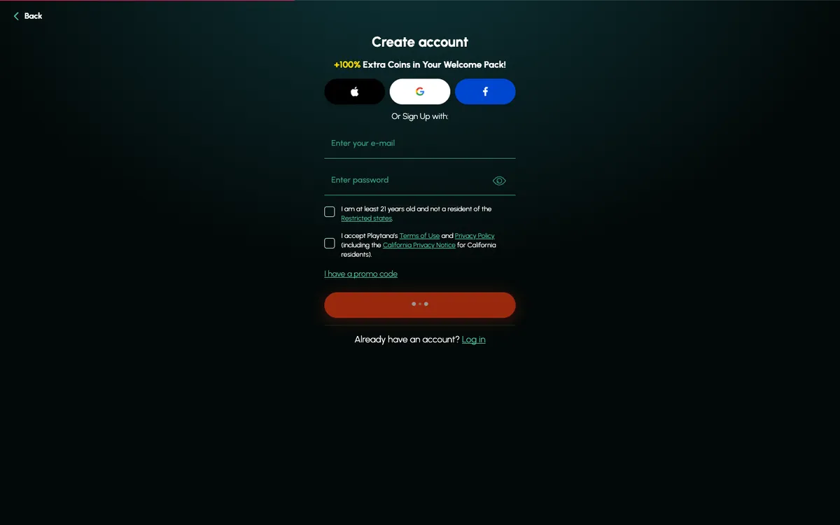 Playtana Casino — «Регистрация», снято из страны Соединенные Штаты
