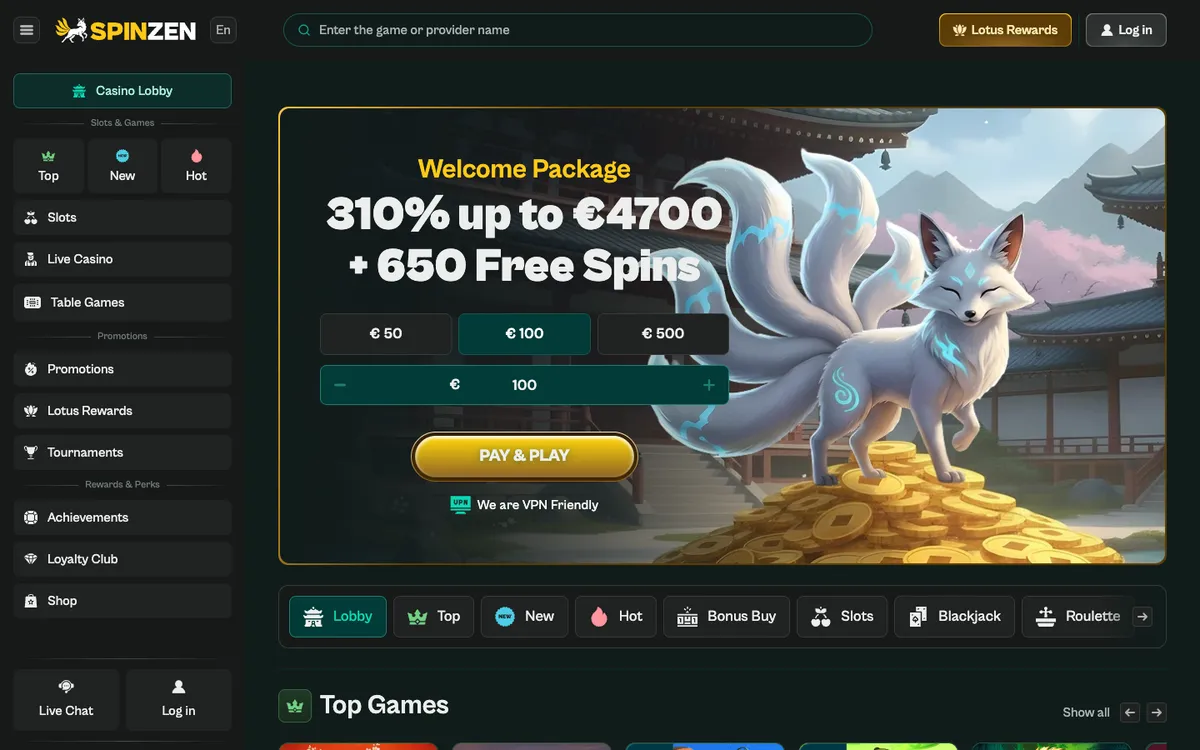 Spinzen Casino — Home page, captured from Finland