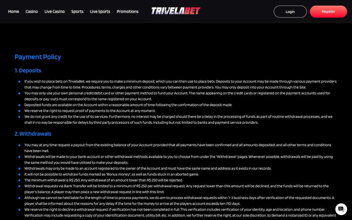 TrivelaBet Casino — Payments, captured from Belgium