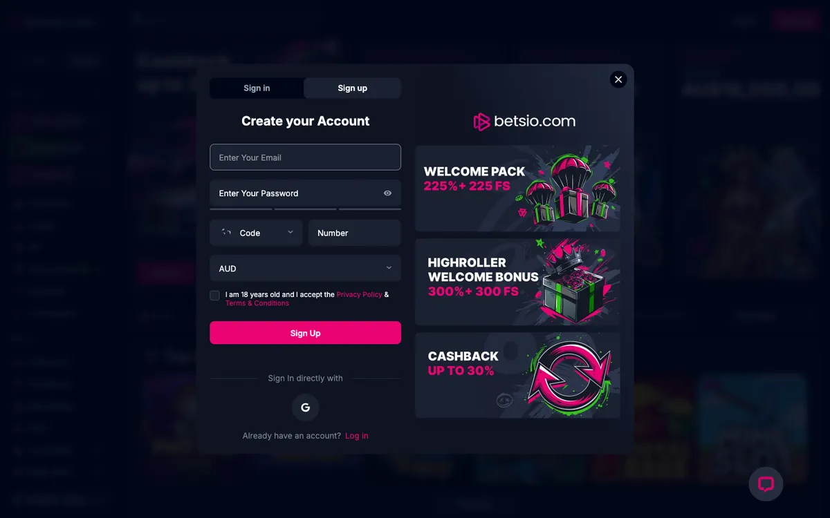 Betsio Casino — Home page, captured from Australia