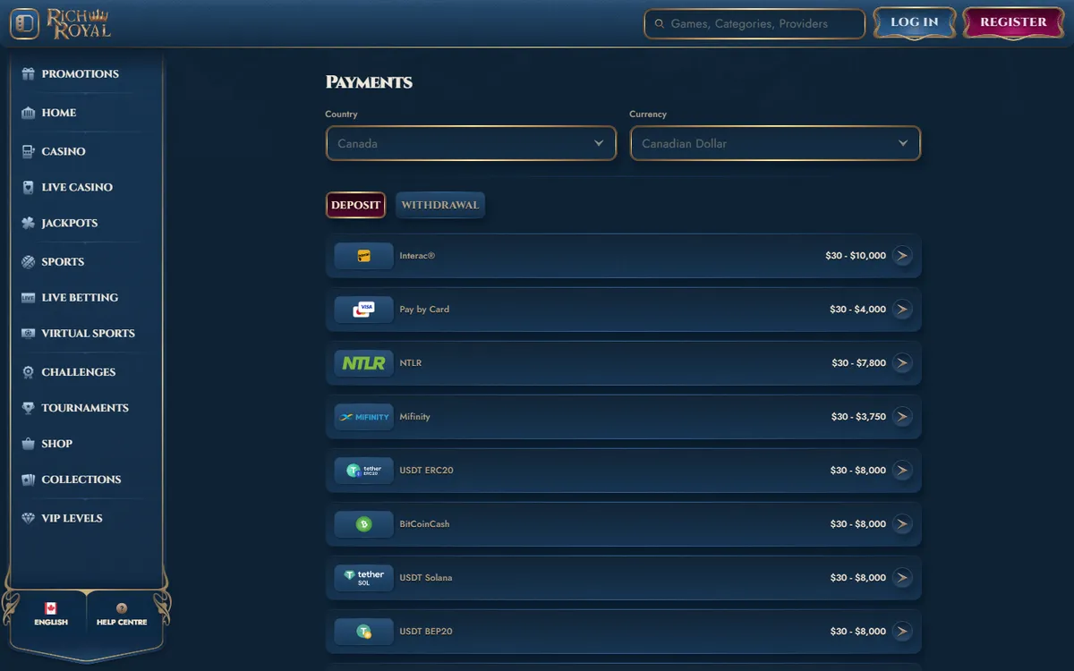 Rich Royal Casino — Payments, captured from Canada