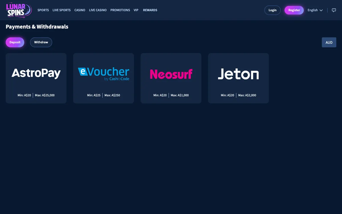 Lunarspins Casino — Payments, captured from Australia