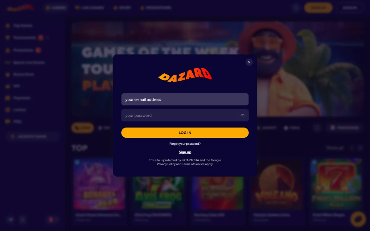 Dazard Casino — Sign-up, captured from Canada