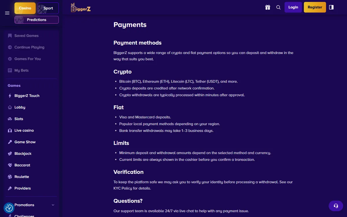 BiggerZ Casino — «Платежи», снято из страны Канада
