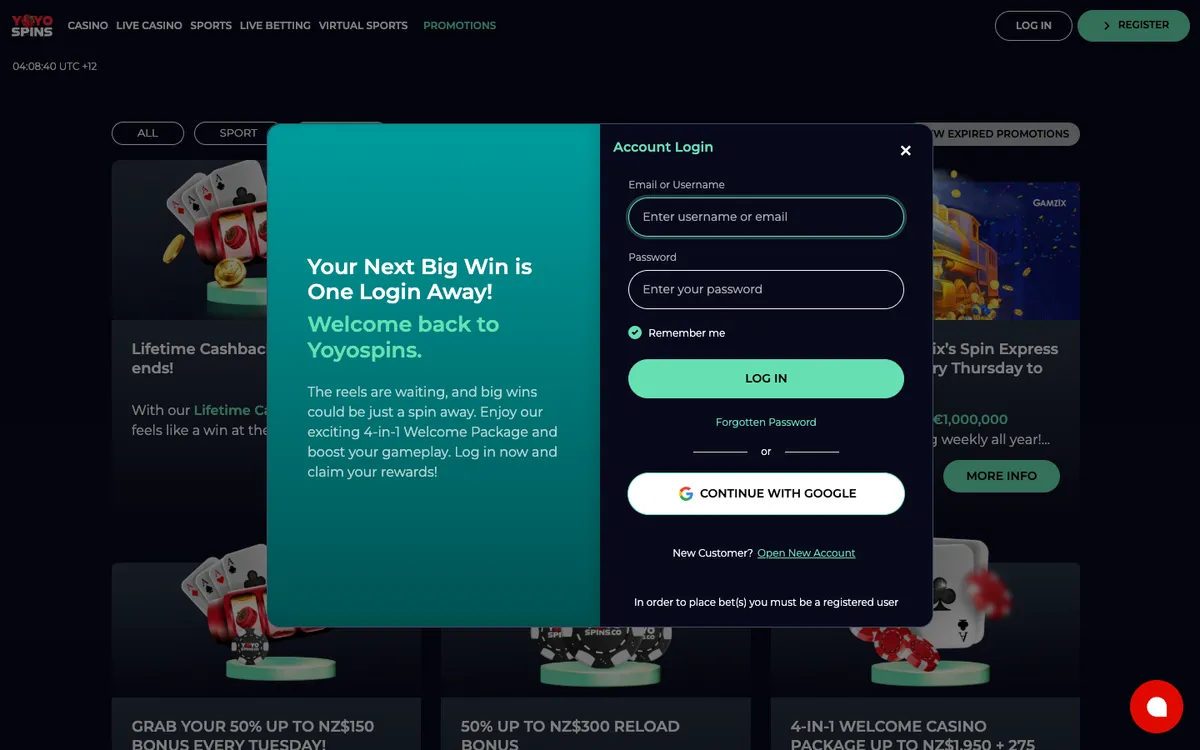 YoyoSpins Casino — Sign-up, captured from New Zealand