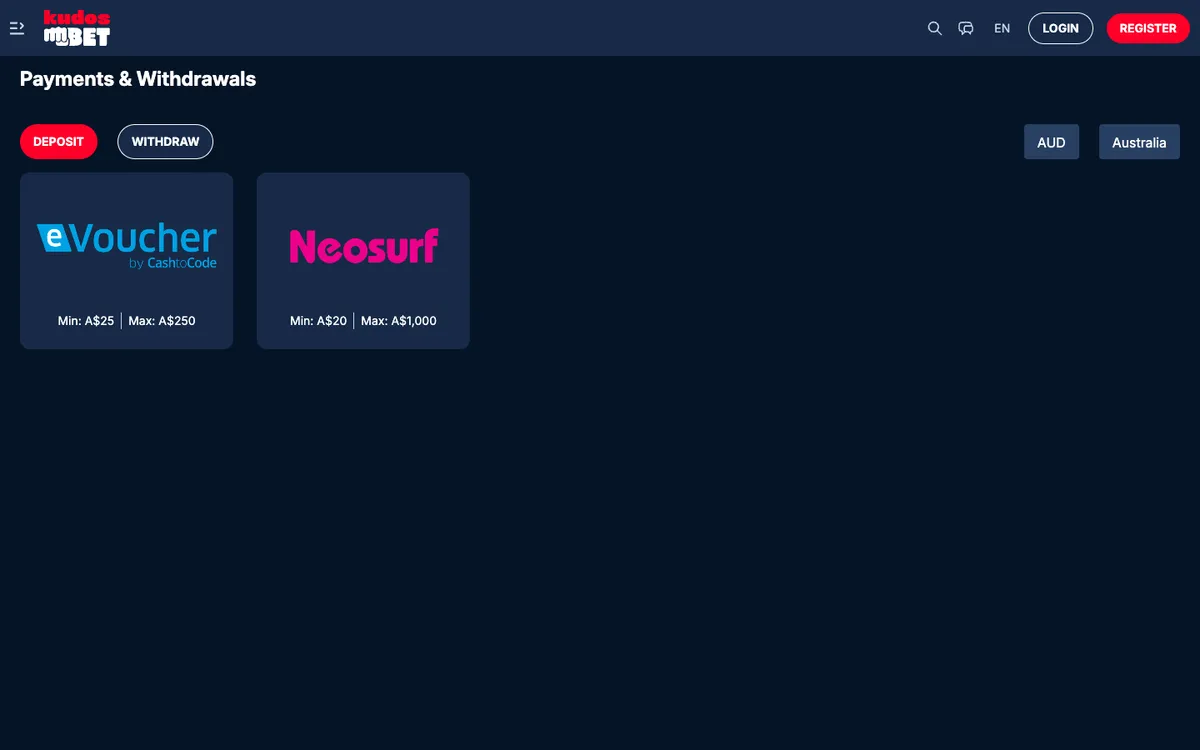 Kudosbet Casino — Payments, captured from Australia