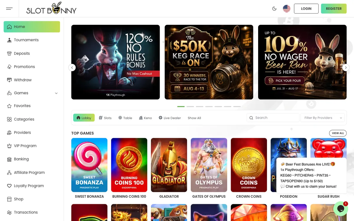 Slot Bunny Casino — Home page, captured from Austria