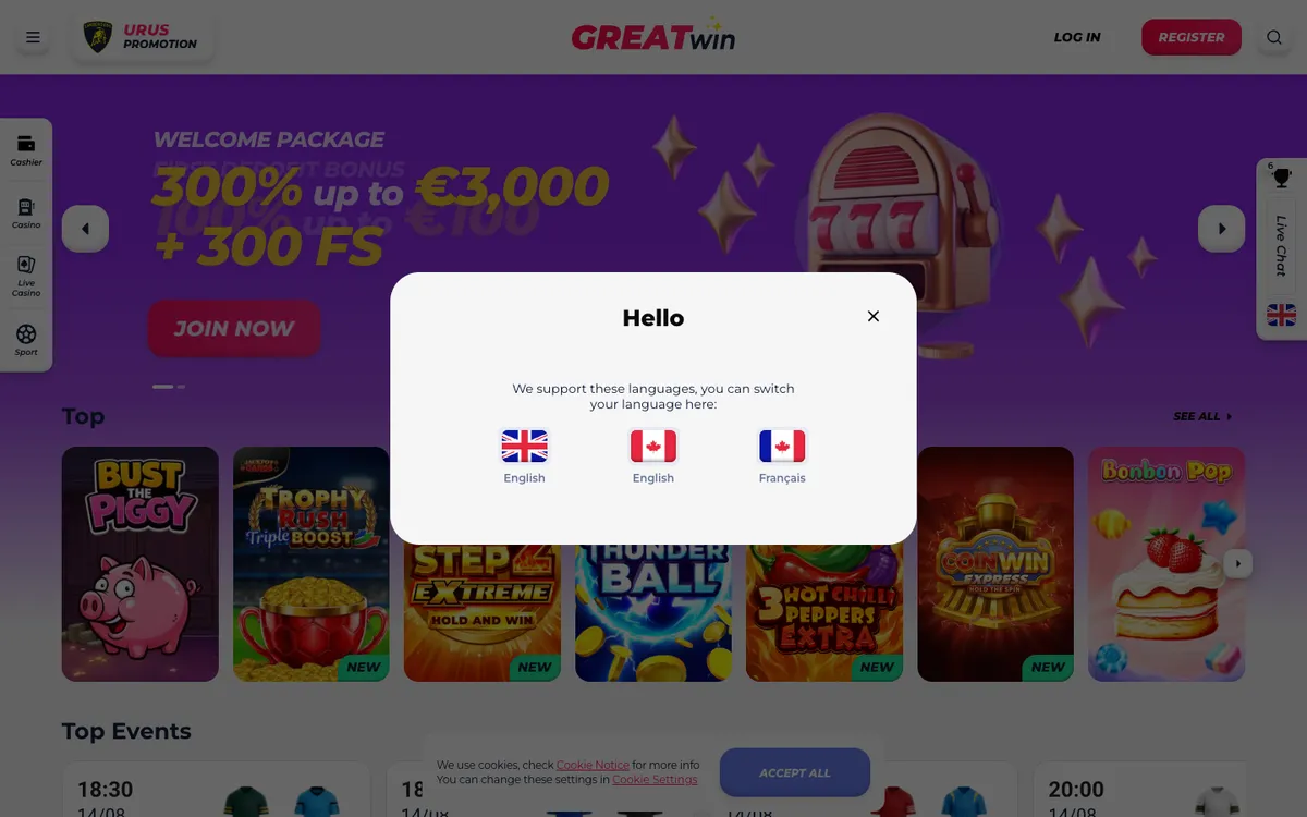 GreatWin Casino — «Главная», снято из страны Канада
