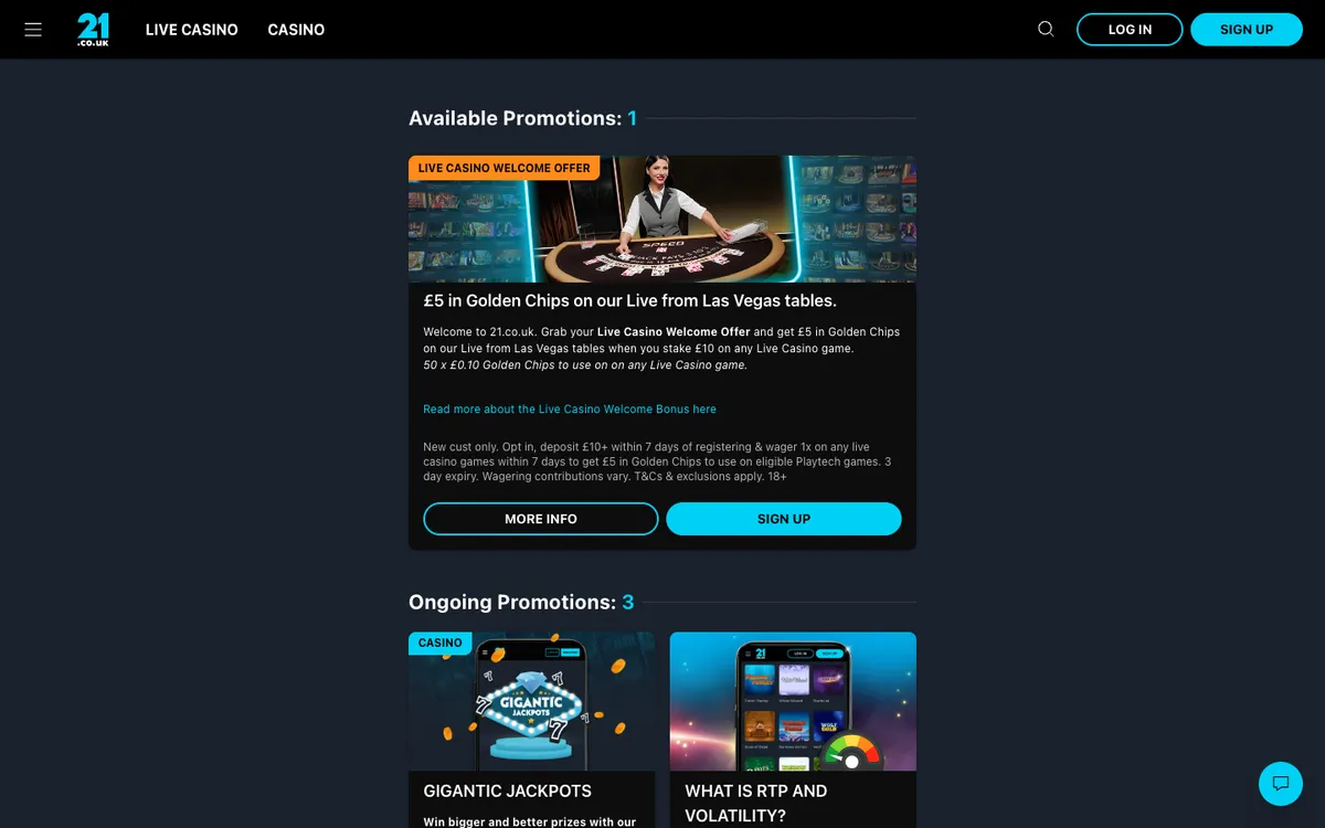21.co.uk Casino — Promotions, captured from United Kingdom