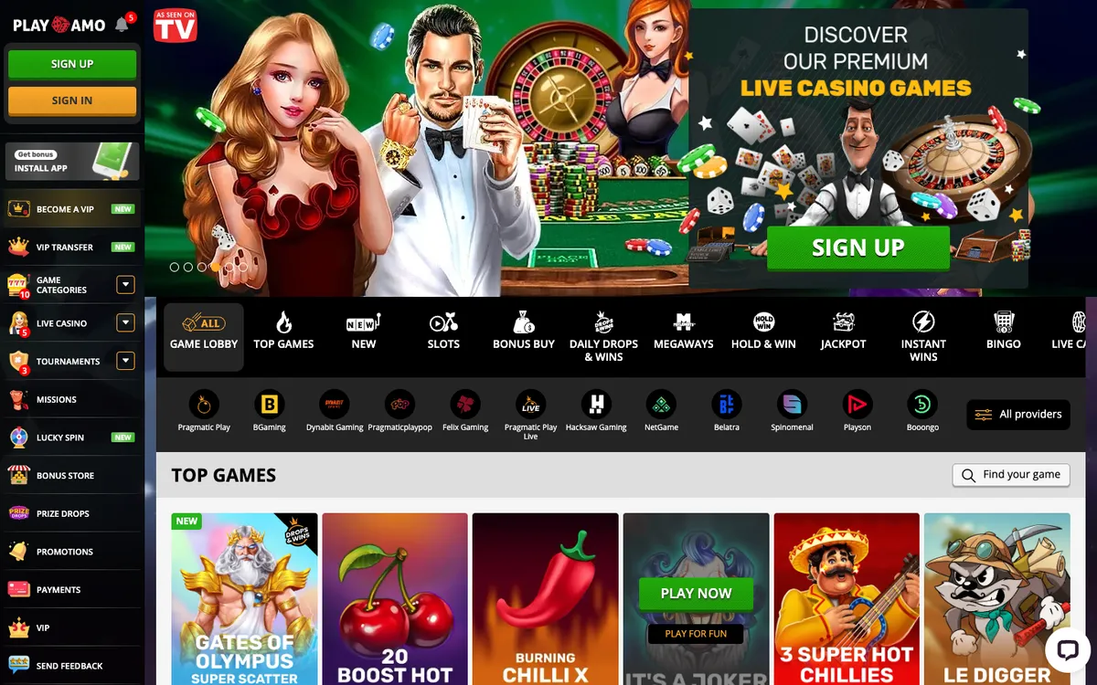Playamo Casino — Home page, captured from Canada