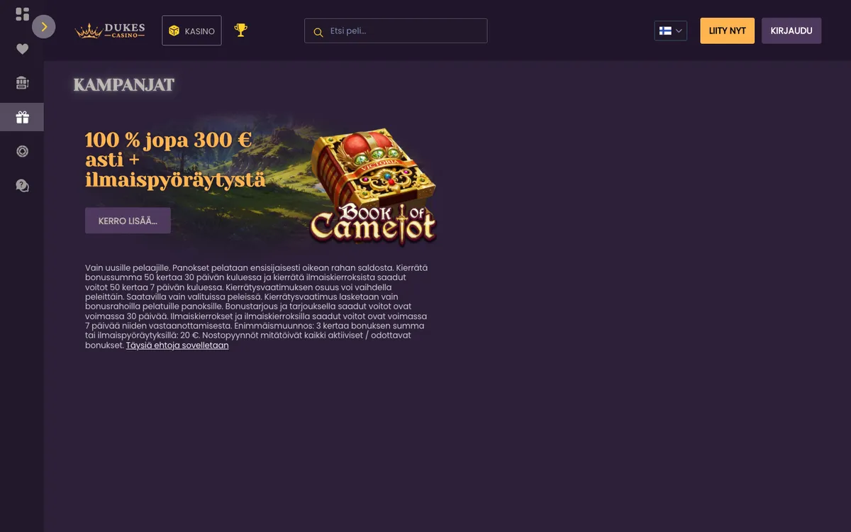 Dukes Casino — Promotions, captured from Finland