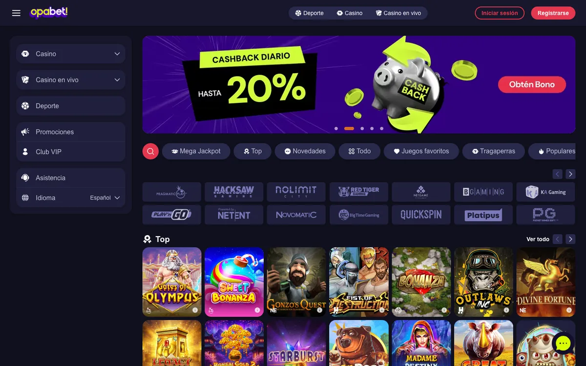 Opabet Casino — Home page, captured from Spain