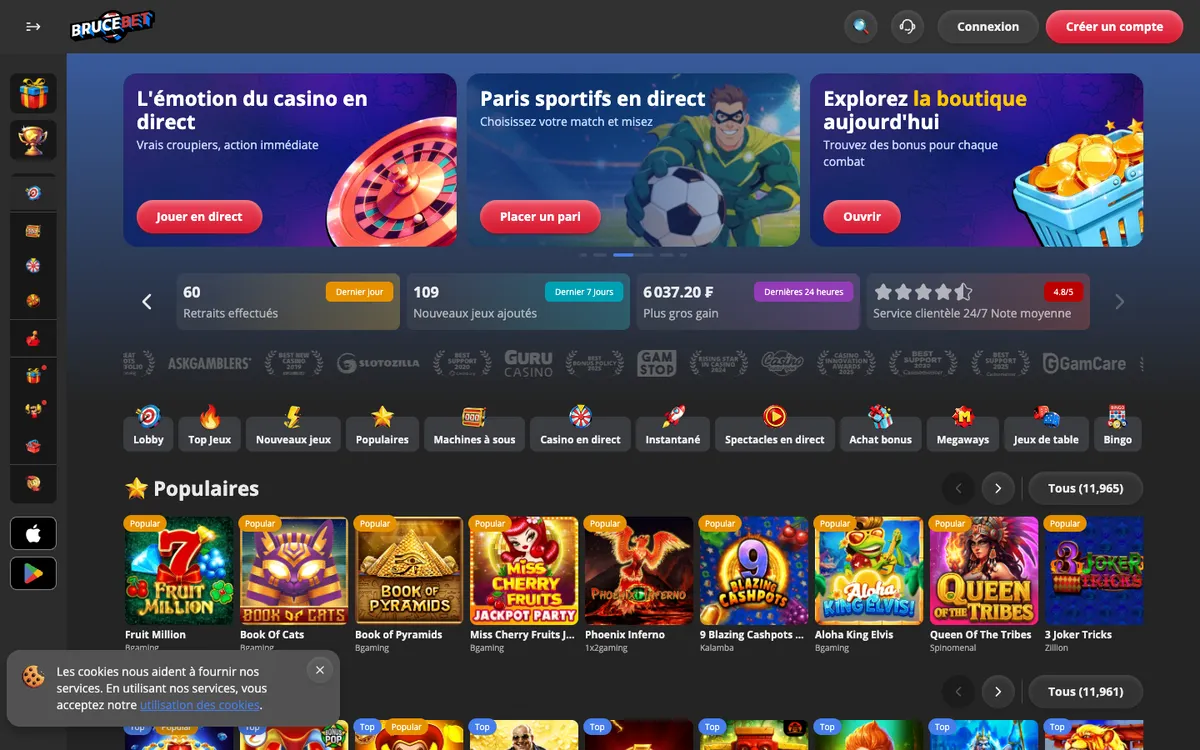 BruceBet Casino — Home page, captured from Switzerland