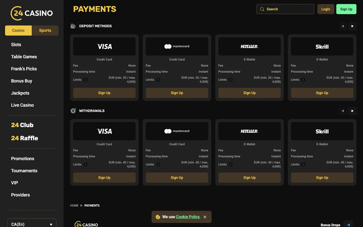 24Casino — Payments, captured from Canada