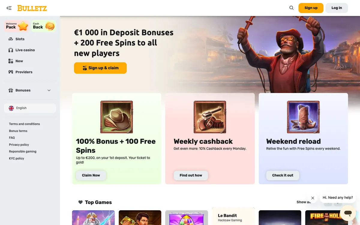 Bulletz Casino — «Главная», снято из страны Новая Зеландия