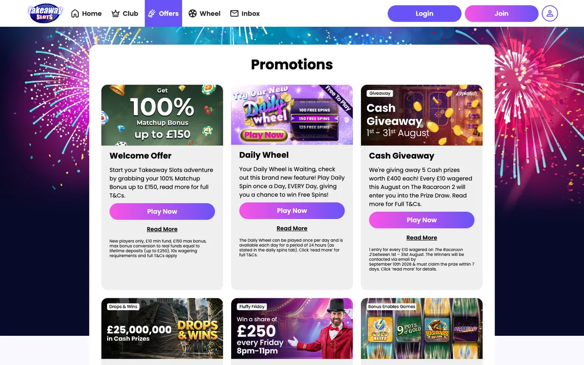 Takeaway Slots Casino — Promotions, captured from United Kingdom