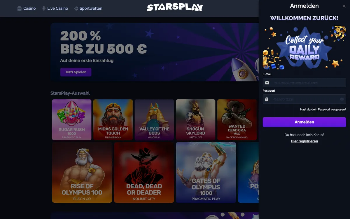 StarsPlay Casino — Sign-up, captured from Austria