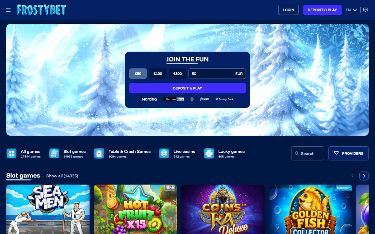 Frostybet Casino — Home page, captured from Finland
