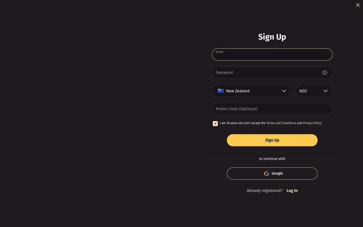 Wanted Win Casino — «Регистрация», снято из страны Новая Зеландия