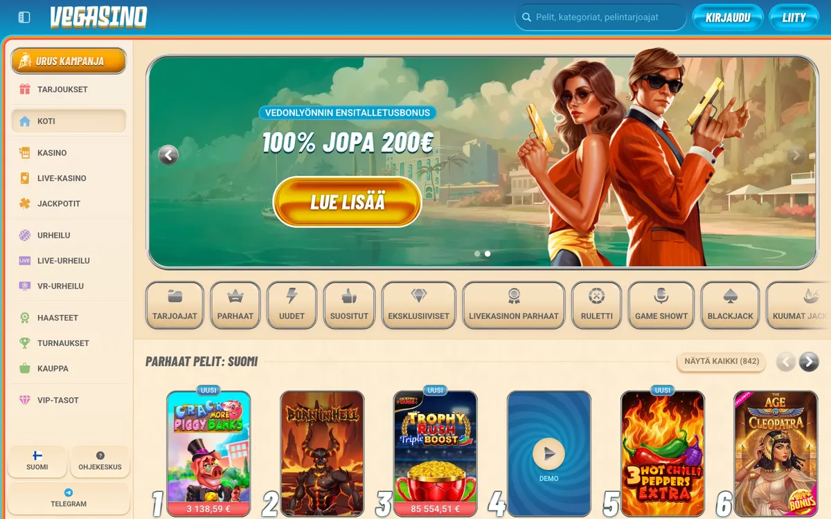 Vegasino Casino — «Главная», снято из страны Финляндия