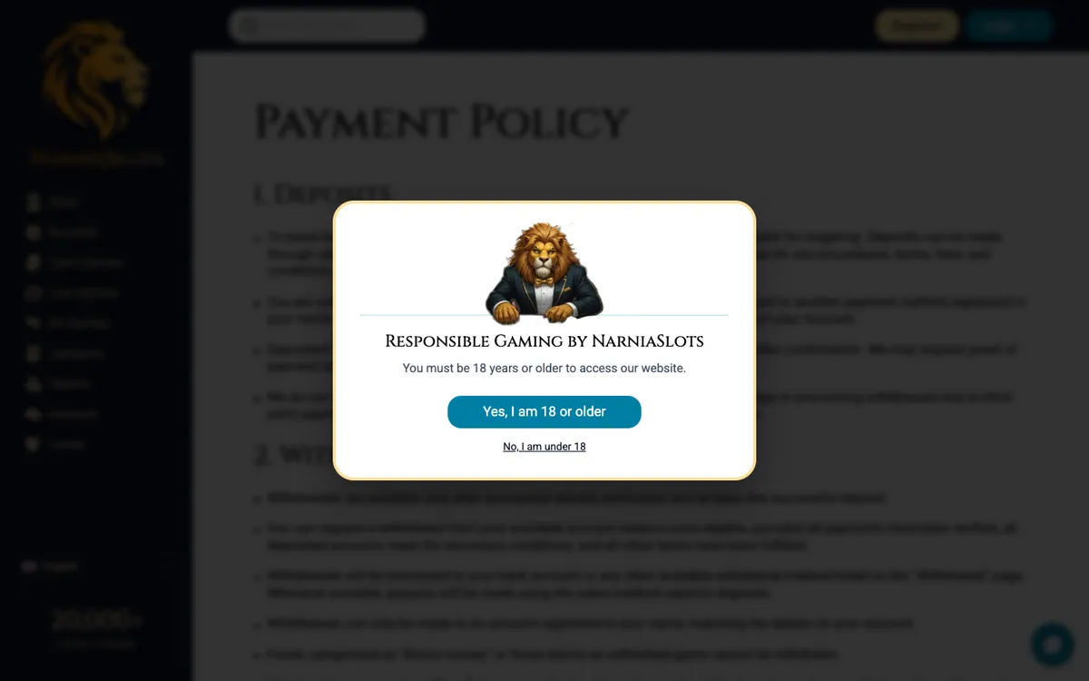 NarniaSlots Casino — Payments, captured from Argentina
