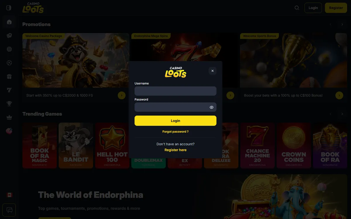 Casinoloots Casino — «Регистрация», снято из страны Канада