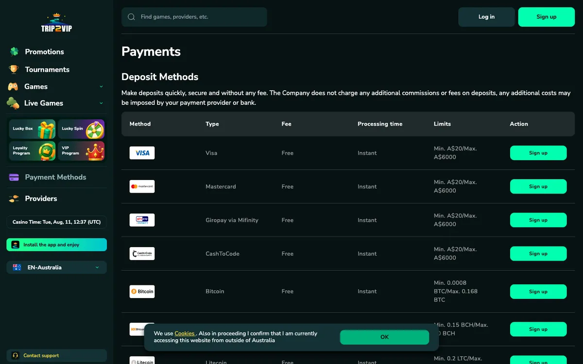Trip2Vip Casino — «Платежи», снято из страны Австралия