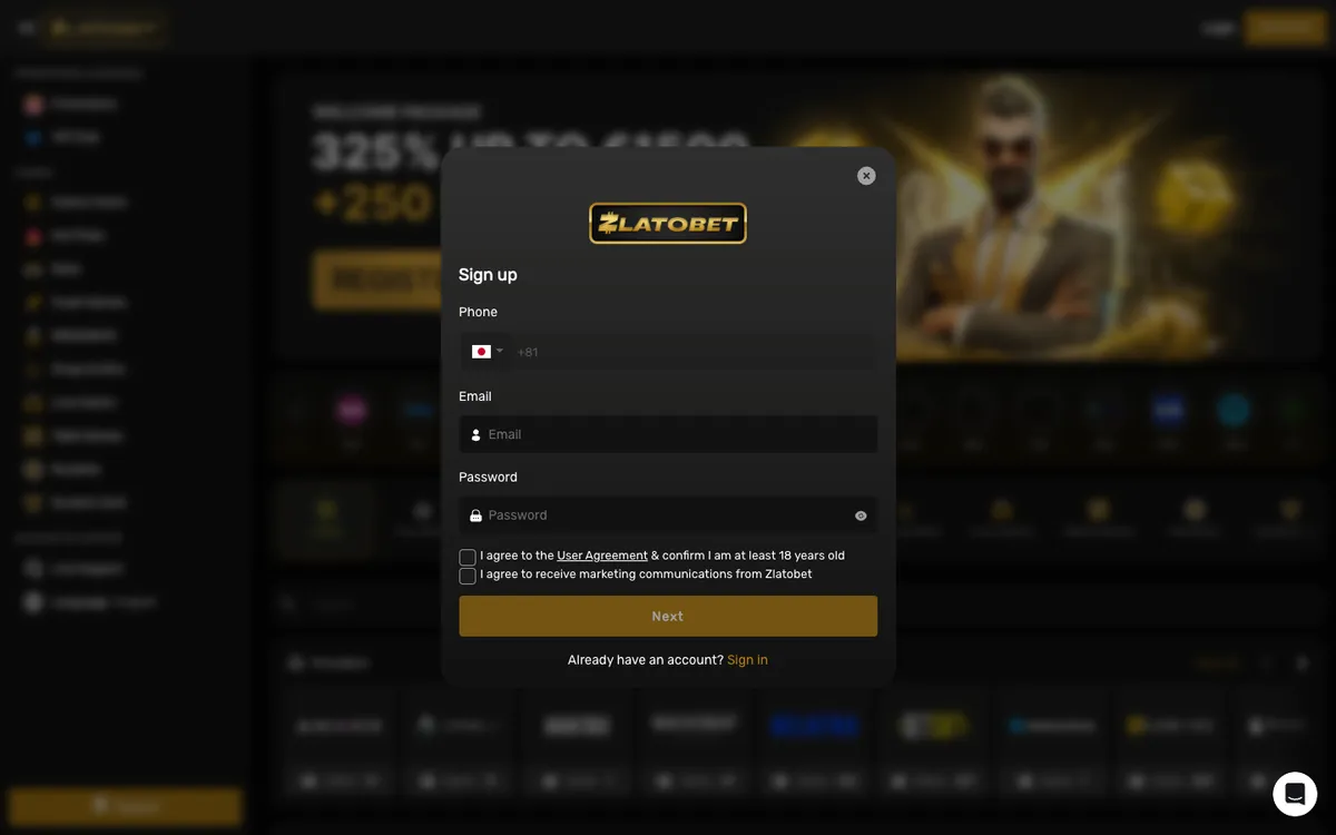 ZlatoBet Casino — «Регистрация», снято из страны Япония