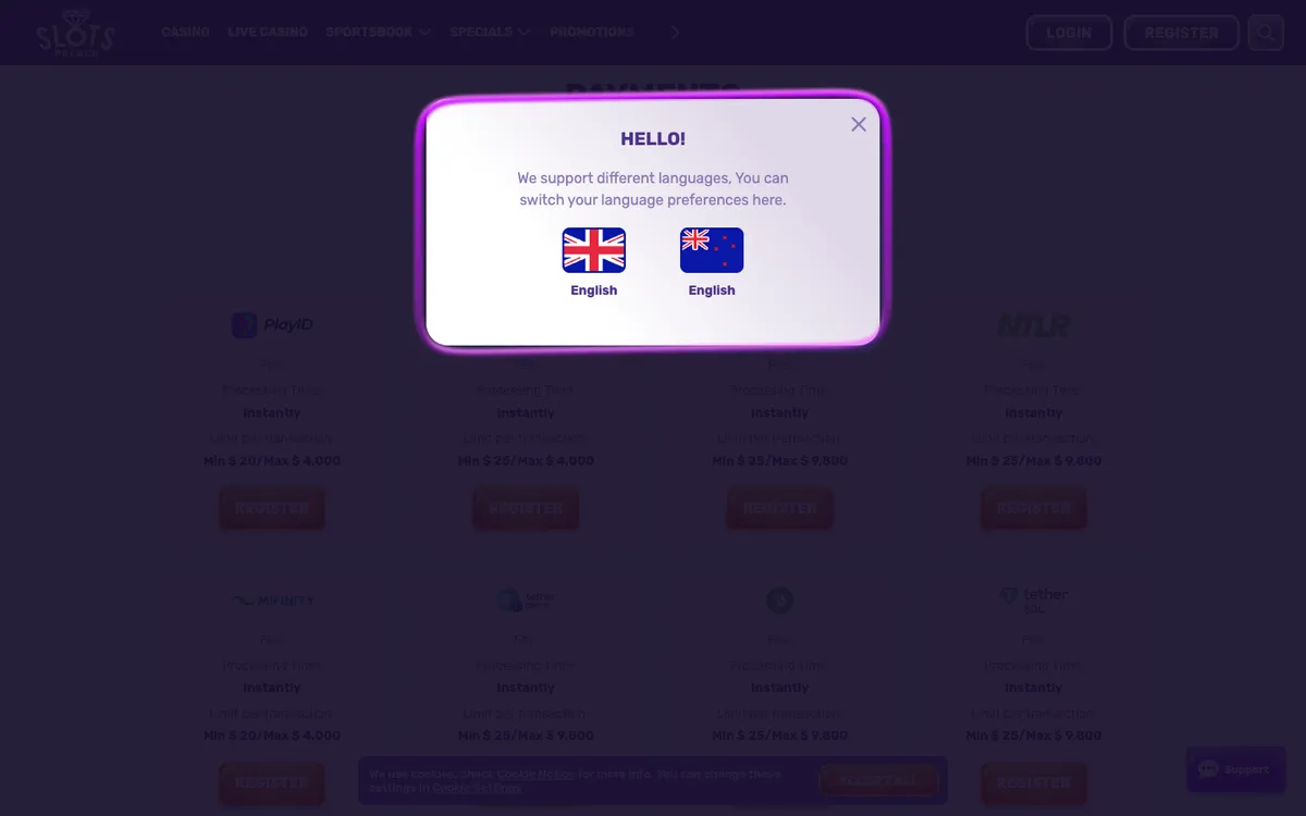 SlotsPalace Casino — Payments, captured from New Zealand