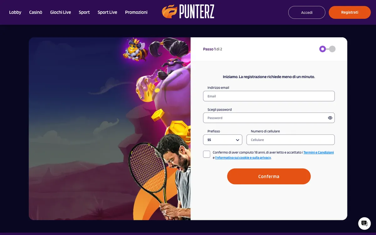 Punterz Casino — Sign-up, captured from Italy
