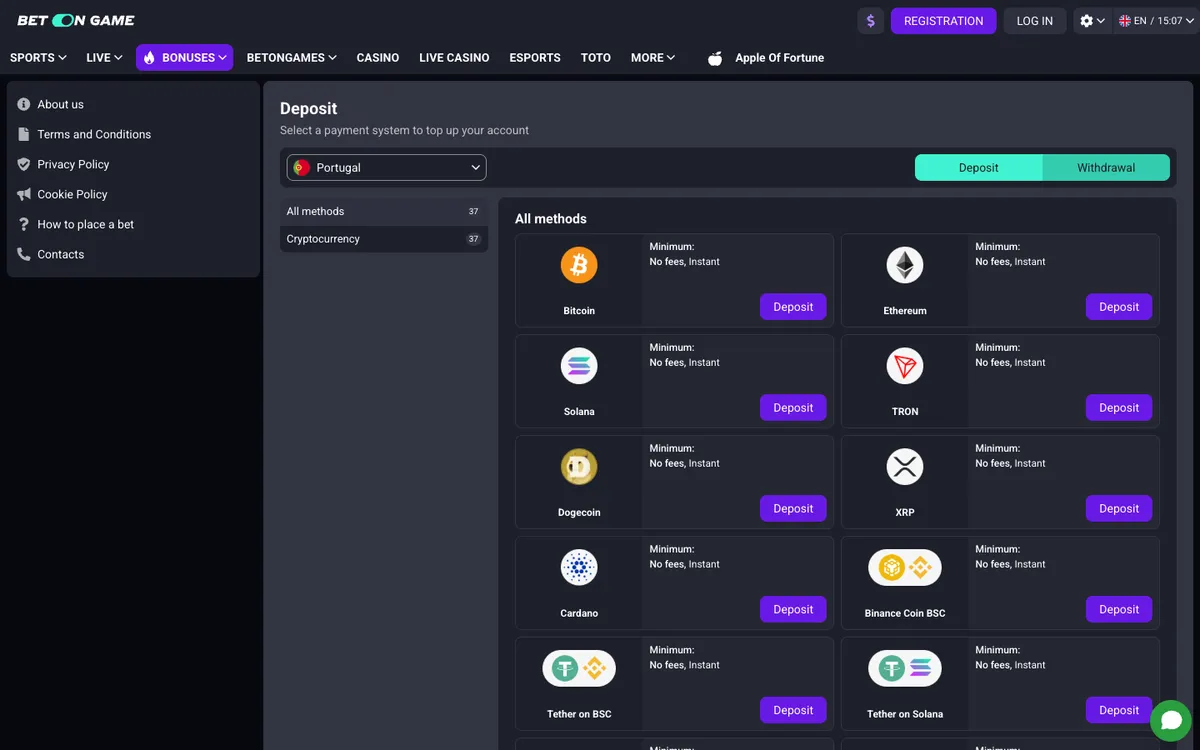 BetOnGame Casino — Payments, captured from Portugal