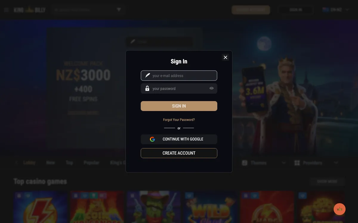 King Billy Casino — Sign-up, captured from New Zealand