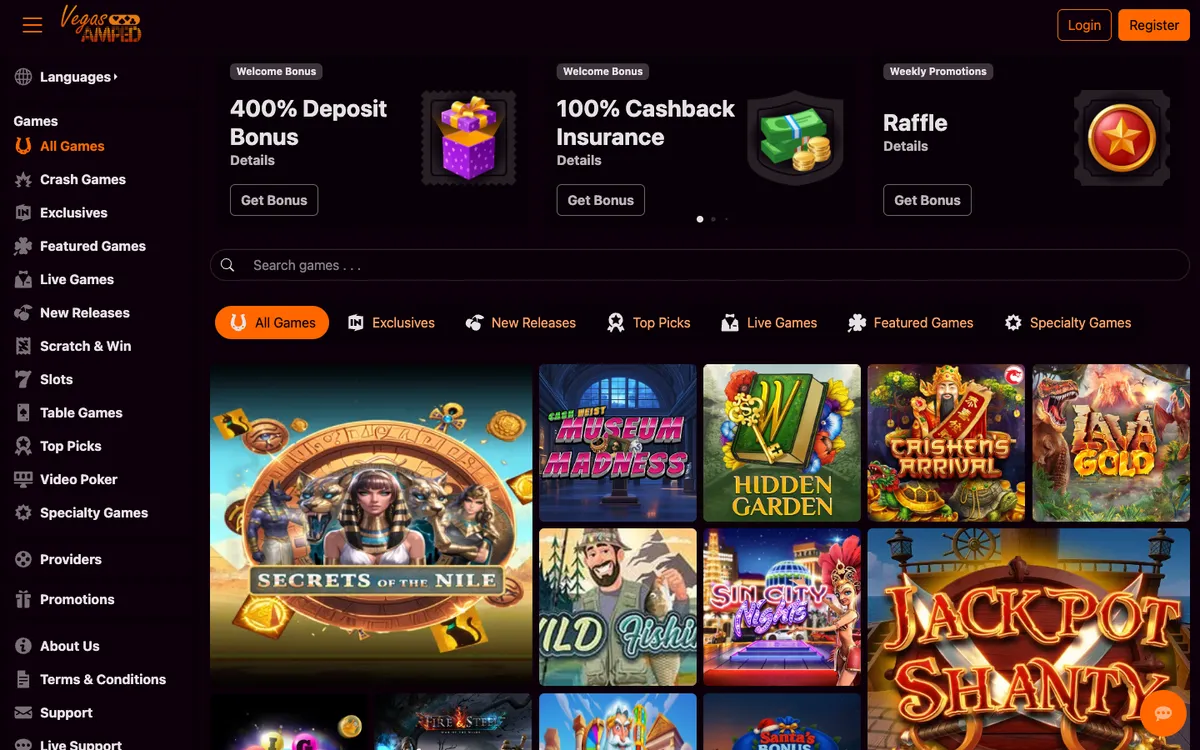 VegasAmped Casino — «Главная», снято из страны Великобритания