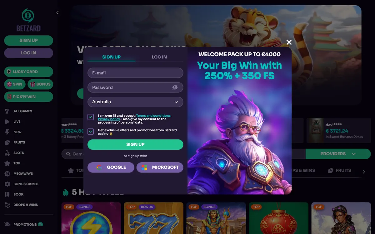 Betzard Casino — Sign-up, captured from Australia