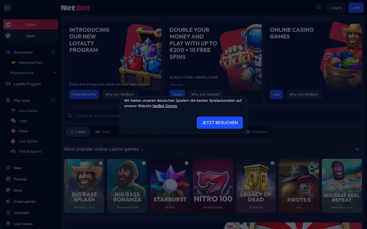 NetBet Casino — Home page, captured from Germany