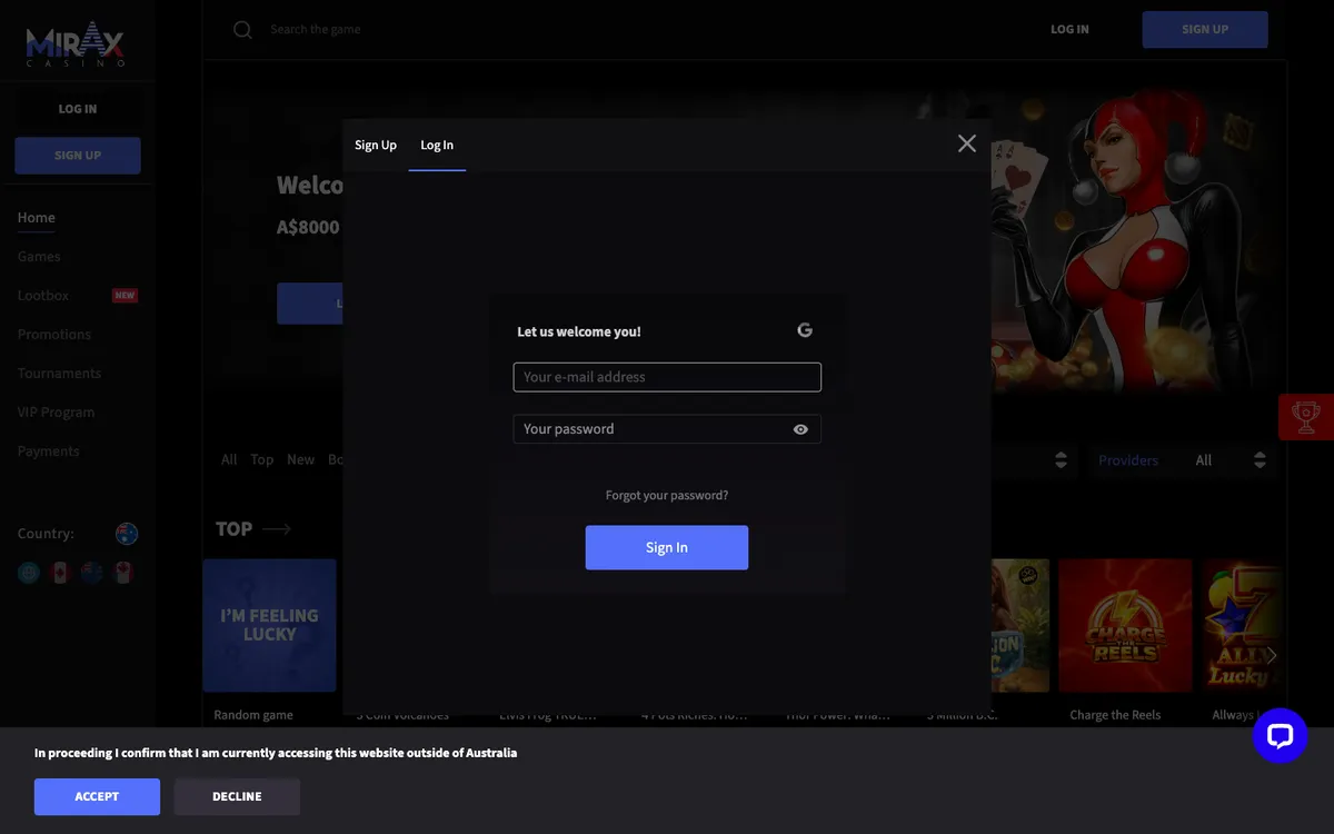 Mirax Casino — Sign-up, captured from Australia