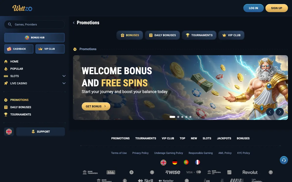 Wettzo Casino — Promotions, captured from Portugal