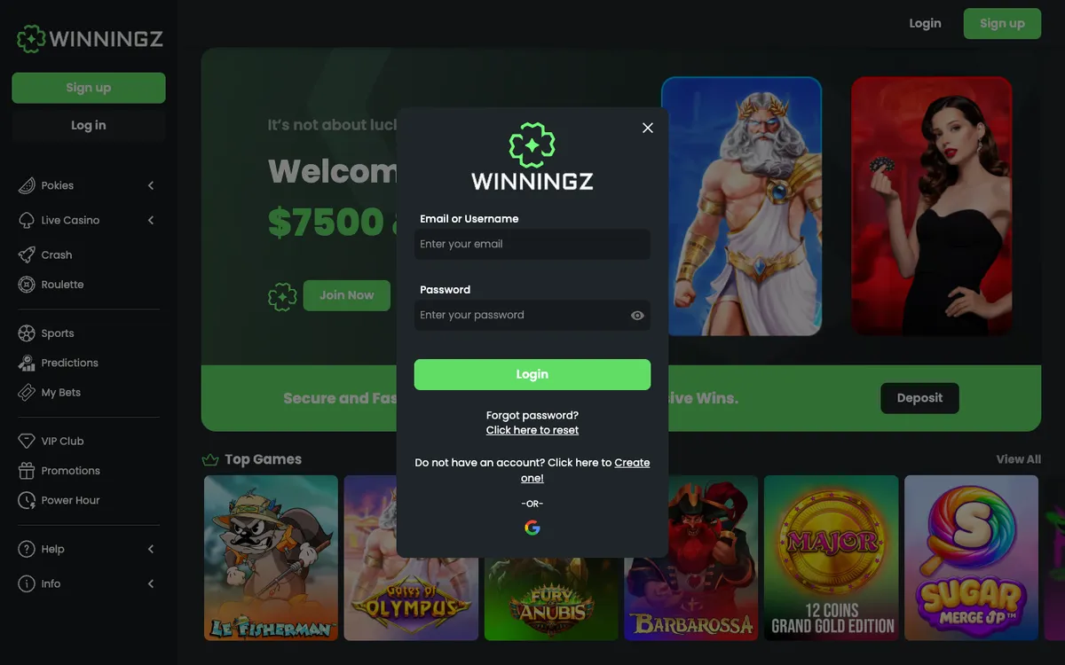 Winningz Casino — «Регистрация», снято из страны Новая Зеландия