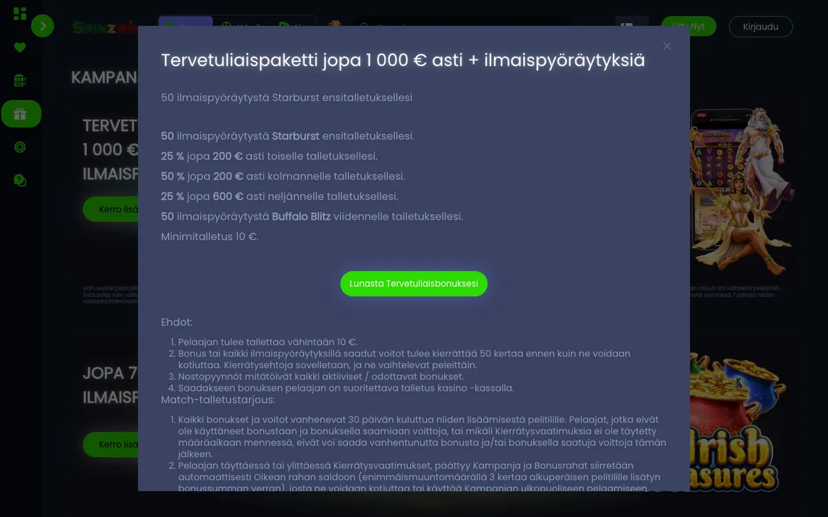 Spinzwin Casino — Promotions, captured from Finland