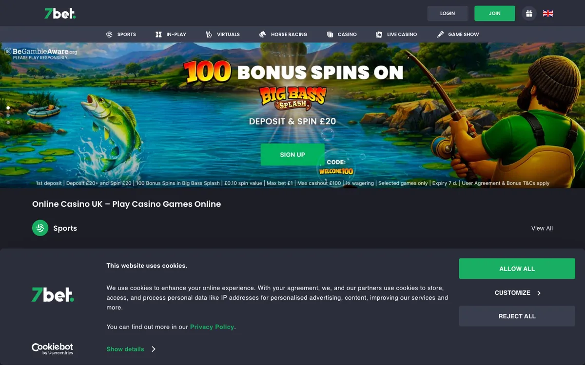 7bet Casino — Home page, captured from United Kingdom