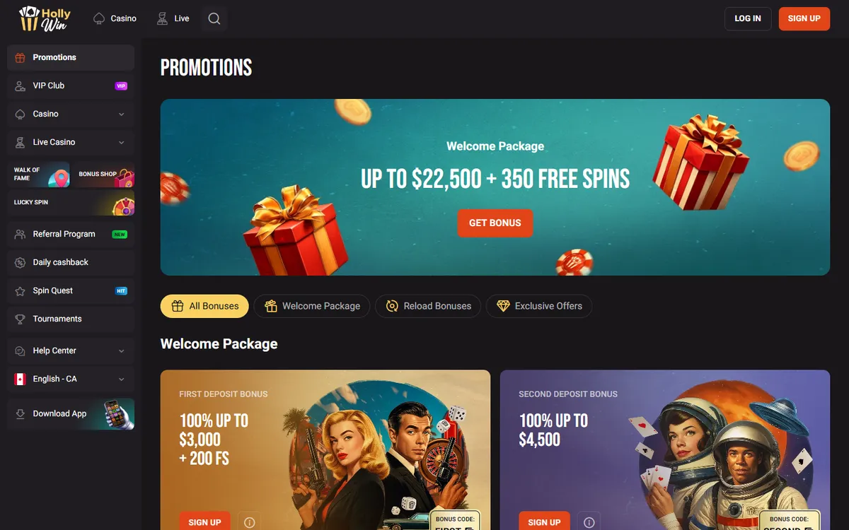 HollyWin Casino — Promotions, captured from Canada