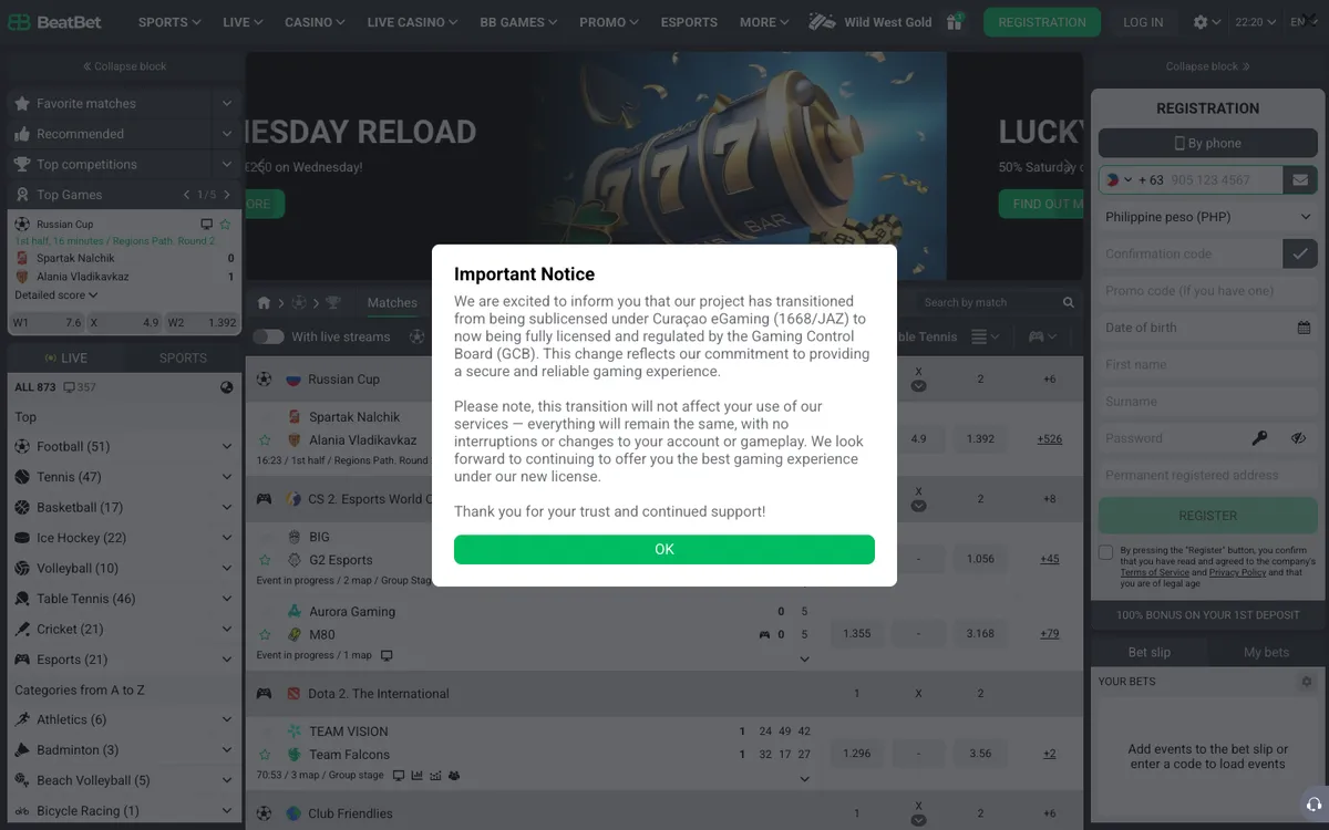 BeatBet Casino — Home page, captured from Singapore