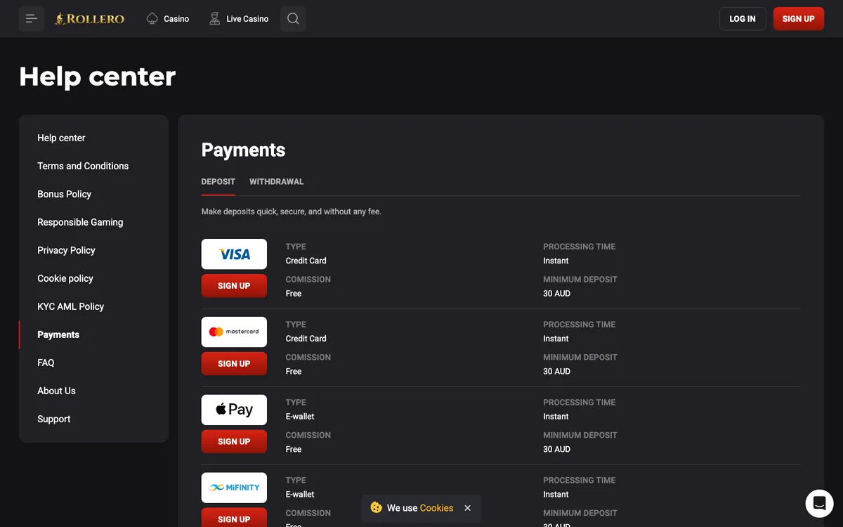 Rollero Casino — Payments, captured from Australia