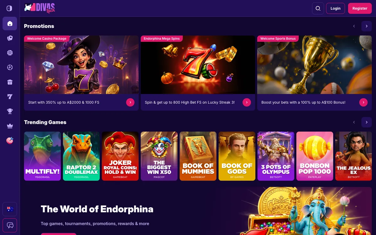 Divas Luck Casino — Home page, captured from Australia