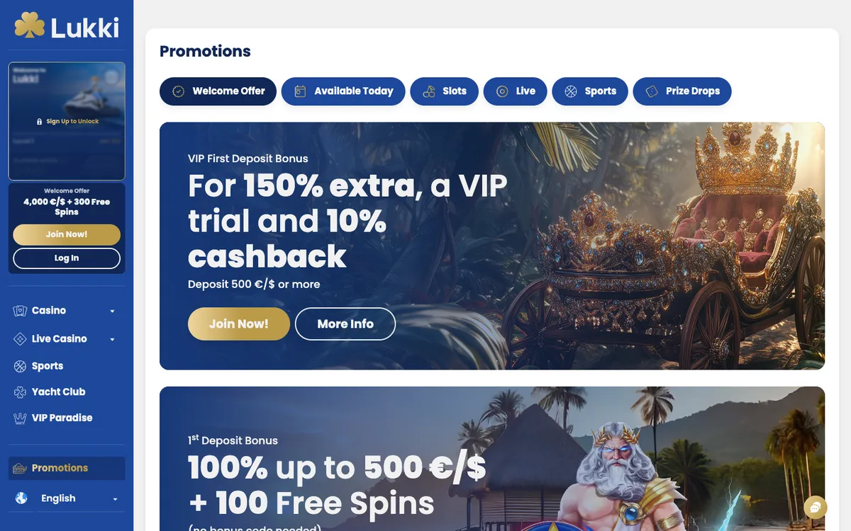 Lukki Casino — Promotions, captured from South Africa