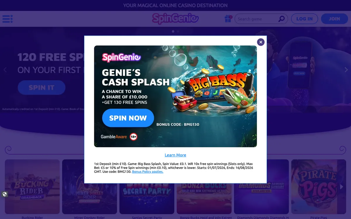 Spin Genie Casino — Home page, captured from Belgium