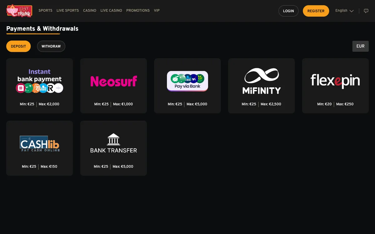 Lucky Trunk Casino — Payments, captured from Belgium