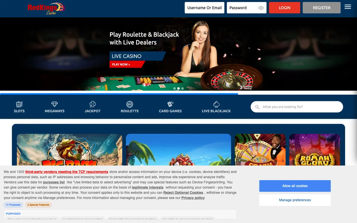 Casino RedKings — «Главная», снято из страны Южно-Африканская Республика