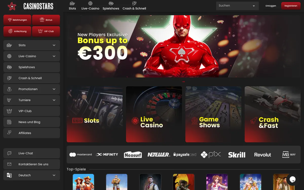 Casinostars.io — Home page, captured from Switzerland