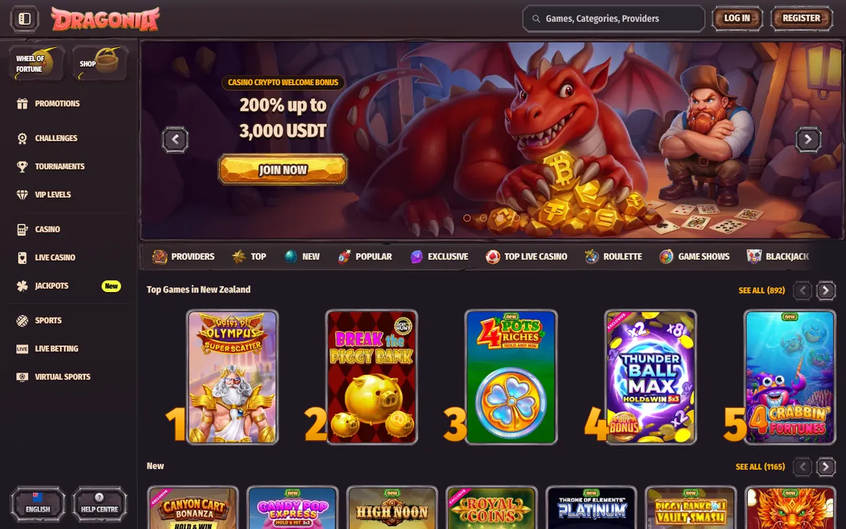 Dragonia Casino — Home page, captured from New Zealand